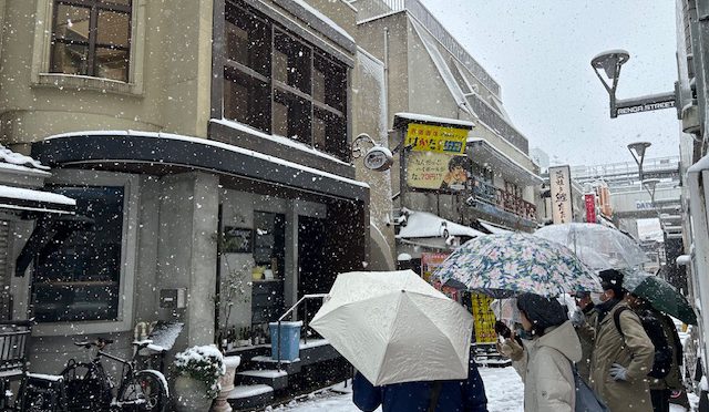 雪降る中、今日はまち歩きツアーの実地踏査